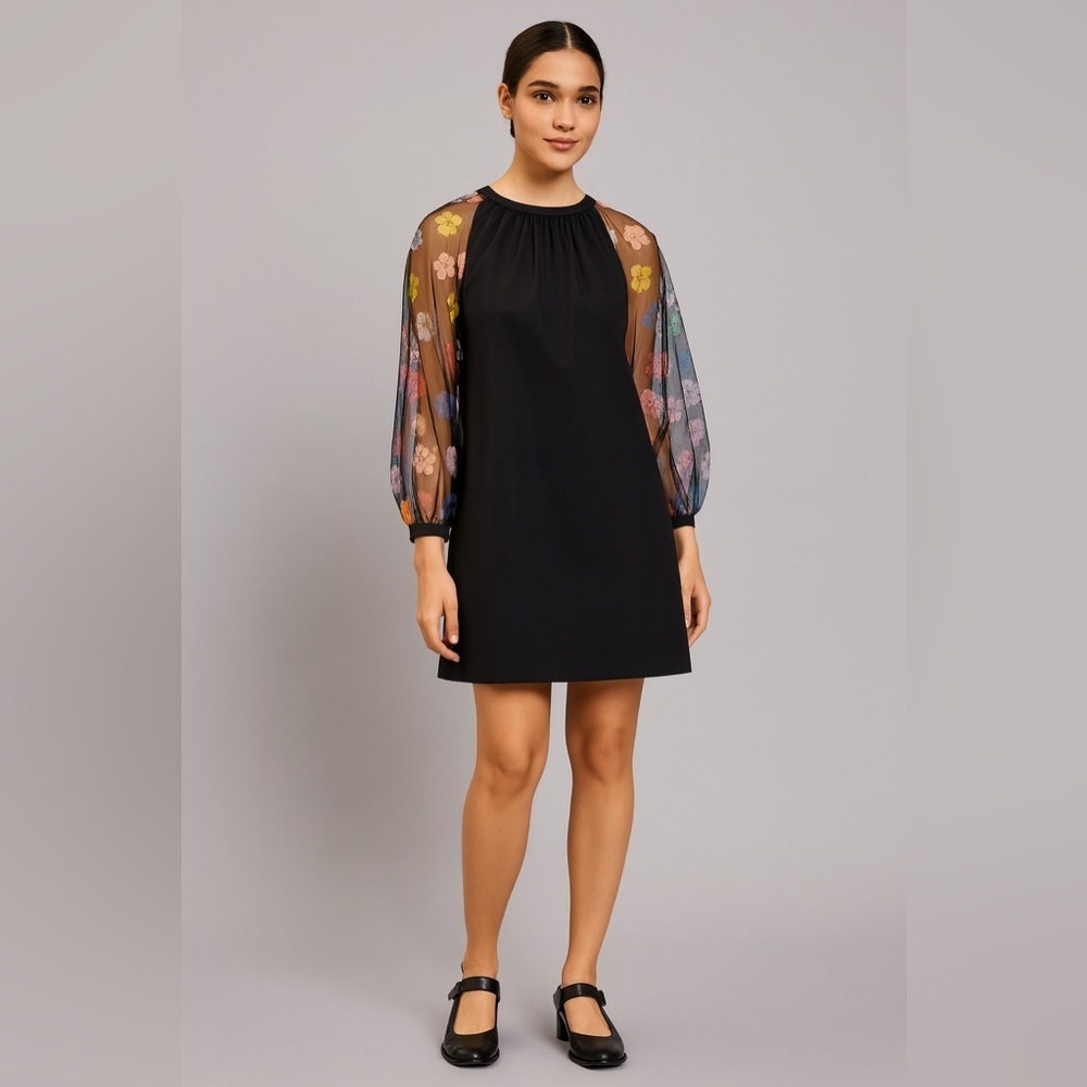STAUD Toile Garden Black Dress with Multicolor Floral Sleeves